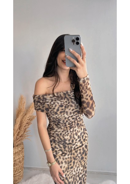 Quade Leopar Desenli Drape Detaylı Tül Midi Elbise modelleri