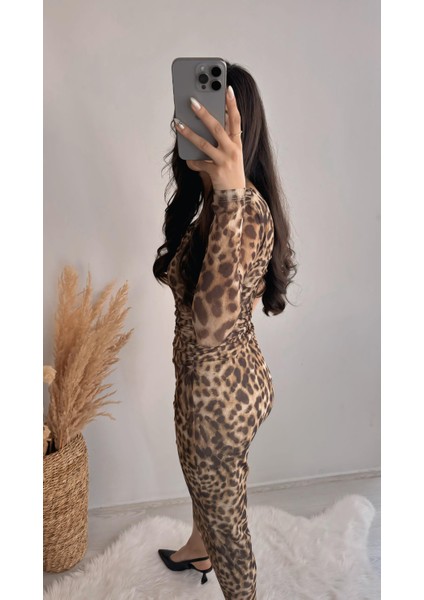 Quade Leopar Desenli Drape Detaylı Tül Midi Elbise indirimleri