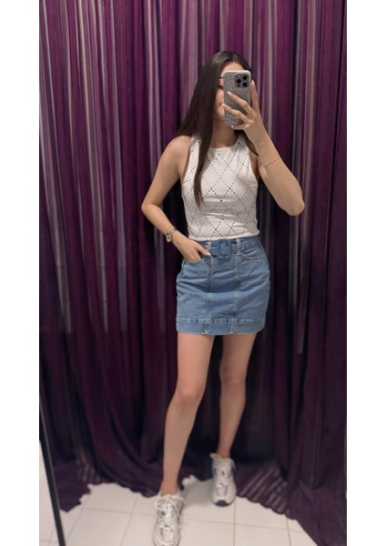Ön Kısmı Dikişli Kemeri Tokalı Denim Etek fiyatları