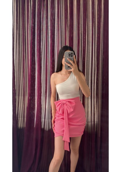 Pembe Fiyonk Detaylı Midi Etek