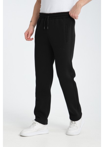 Erkek Siyah 3 Iplik Rahat Kesim Düz Paça Kışlık Eşofman Altı