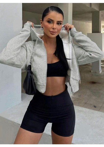 Kadın Siyah Relaxed Zip Fermuarlı Içi Polarlı Üç Iplik Kapüşonlu Crop Hırka Sweatshirt modelleri