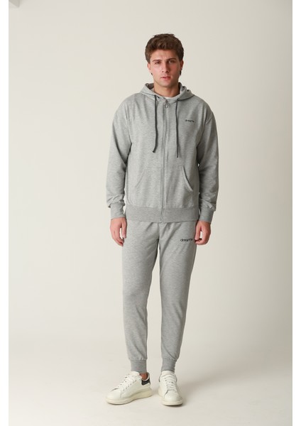 Erkek Gri Fermuarlı Kapüşonlu Sweatshirt Takım