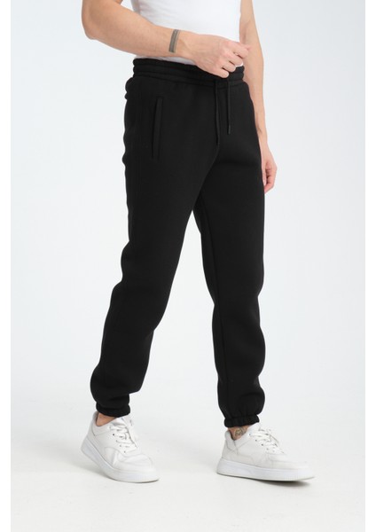 Erkek Siyah 3 Iplik Rahat Kesim Paça Lastikli Kışlık Eşofman Altı