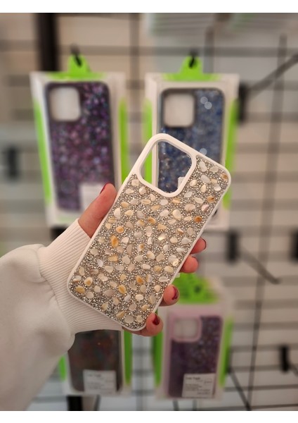 iPhone 14 Pro Max Lüks Parlak Doğal Taşlı Kamera Çıkıntılı Içi Kadife Kılıf
