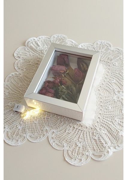15 x 20 x 5 cm Ledli Beyaz-Gümüş Anı Çerçevesi! Yeni Moda Çiçek Anı Çerçevesi! modelleri