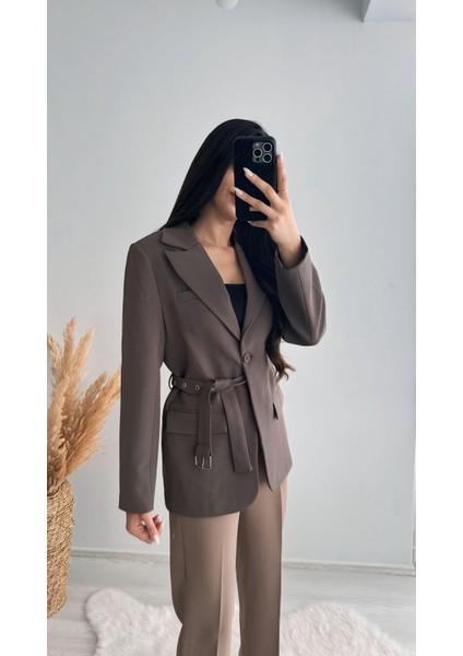 Premium Kalite Kemerli Astarlı Double Kalın Kumaş Blazer Ceket Kahve fiyatları