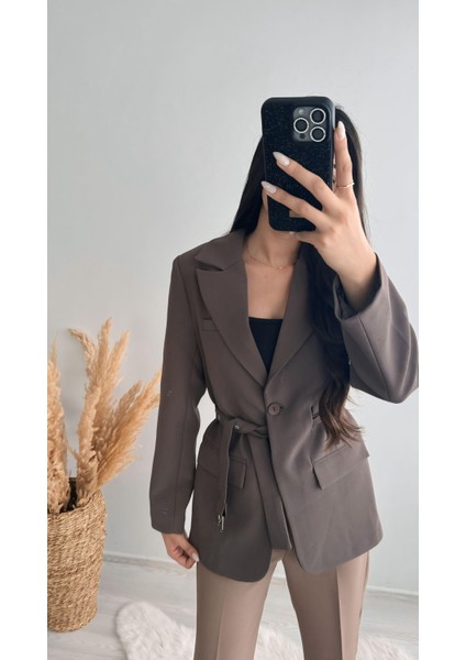 Premium Kalite Kemerli Astarlı Double Kalın Kumaş Blazer Ceket Kahve modelleri