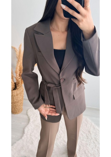 Premium Kalite Kemerli Astarlı Double Kalın Kumaş Blazer Ceket Kahve fırsatları