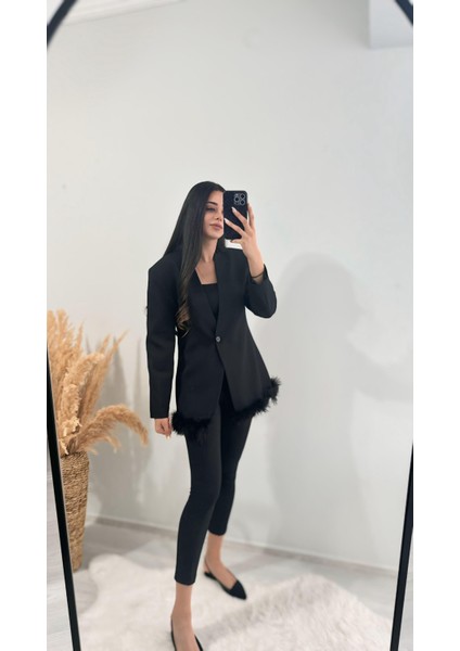 Tasarım Tüylü Tek Düğmeli Blazer Ceket Siyah