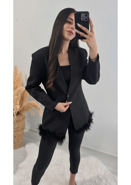 Tasarım Tüylü Tek Düğmeli Blazer Ceket Siyah