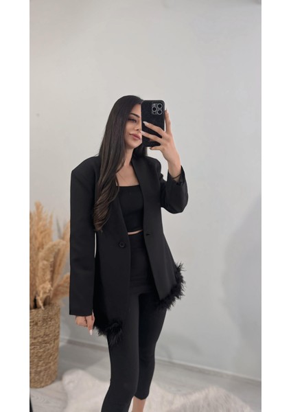Tasarım Tüylü Tek Düğmeli Blazer Ceket Siyah