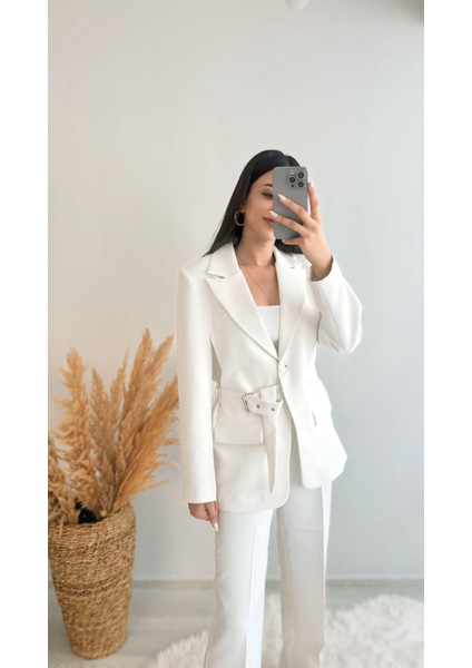 Premium Kalite Kemerli Astarlı Double Kalın Kumaş Blazer Ceket Beyaz