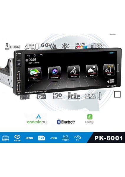 Tek Din Teyp Android 6.9 Inch 2-32 Gps 4X60 Watt 2xusb Şarjlı App Poke PK-6001