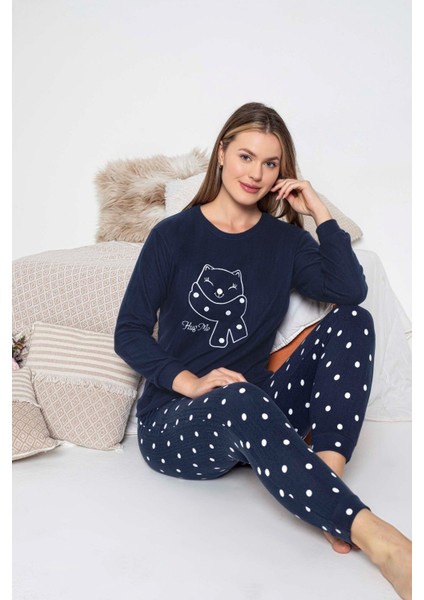 Kadın Bisiklet Yaka Düğmesiz Kışlık Termal Cepli Bilek Manşetli Jogger Uzun Kol Pijama Takımı