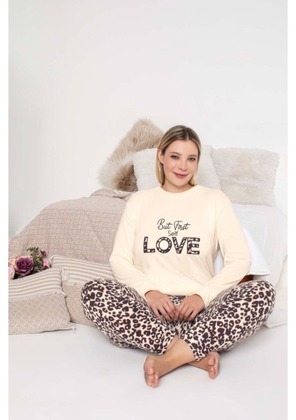 Kadın Bisiklet Yaka Düğmesiz Kışlık Termal Cepli Bilek Manşetli Jogger Uzun Kol Pijama Takımı