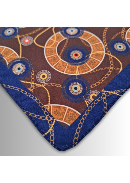 Kahverengi Fular Bandana Ipeksi Twill Saten Kumaş Zincir ve Nazar Boncuğu Desenli