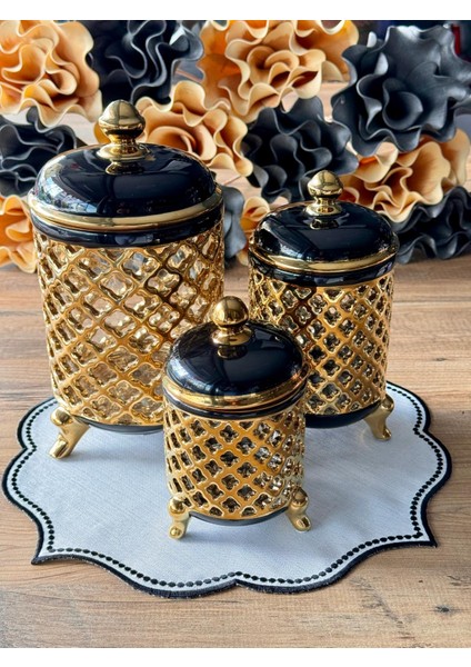 Vakum Kapaklı 3'lü Kavanoz Seti Siyah Gold