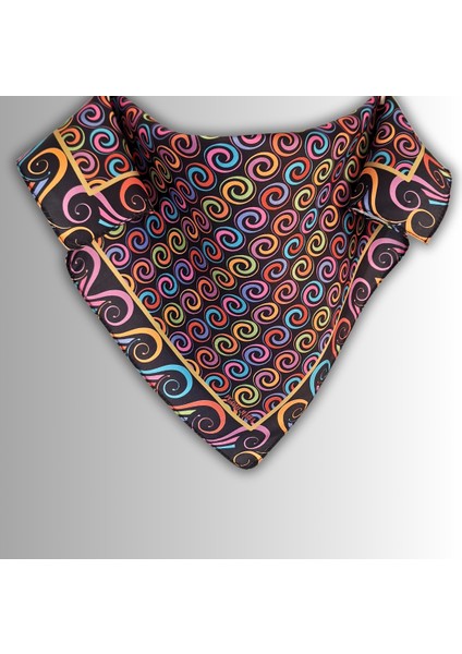 Siyah Fular Bandana Ipeksi Twill Saten Kumaş Çok Renkli Spiral Desenli