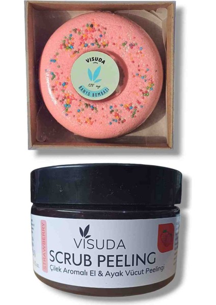 Çilek Donut Köpüren Banyo Topu 120gr & El Ayak Vücut Peeling 300