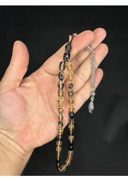 Ateş Kehribar Tesbih Sarı-Siyah Renkli Kapsül Kesim 11MMX8MM T-595