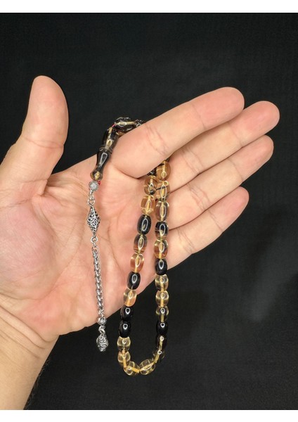 Ateş Kehribar Tesbih Sarı-Siyah Renkli Kapsül Kesim 11MMX8MM T-595 modelleri