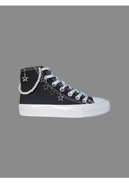 Sallanan Gümüş Yıldızlar Bilek Inci Tasarım Siyahketen Çocuk Spor Ayakkabı Sneaker