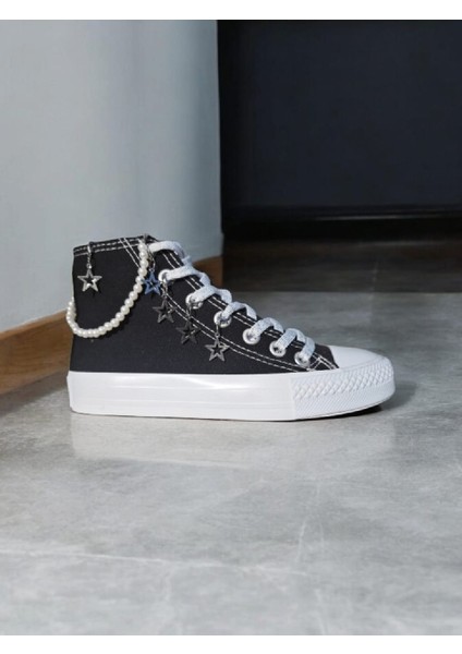 Sallanan Gümüş Yıldızlar Bilek Inci Tasarım Siyahketen Çocuk Spor Ayakkabı Sneaker