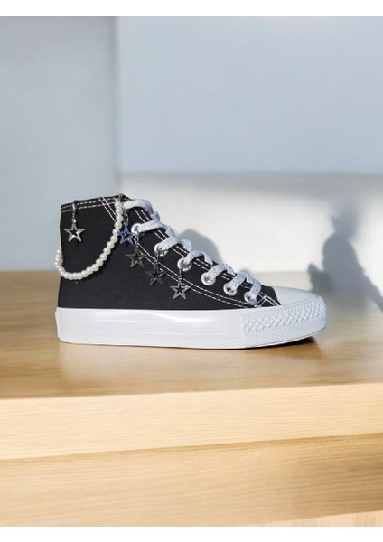 Sallanan Gümüş Yıldızlar Bilek Inci Tasarım Siyahketen Çocuk Spor Ayakkabı Sneaker