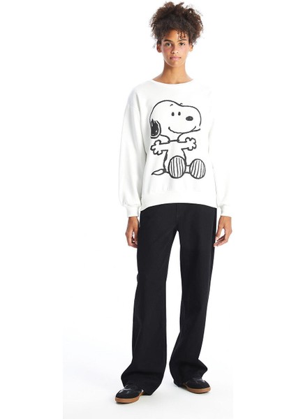 Xsıde Bisiklet Yaka Snoopy Baskılı Oversize Kadın Kalın Sweatshirt