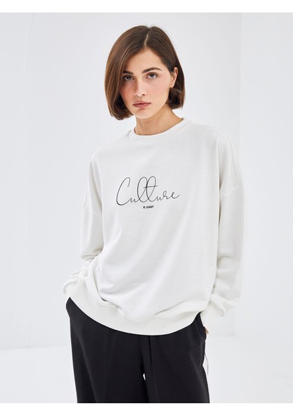 Lcw Vision Bisiklet Yaka Baskılı Oversize Kadın Sweatshirt