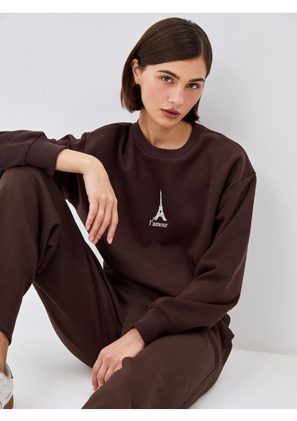 Lcw Vision Bisiklet Yaka Nakışlı Oversize Kadın Sweatshirt