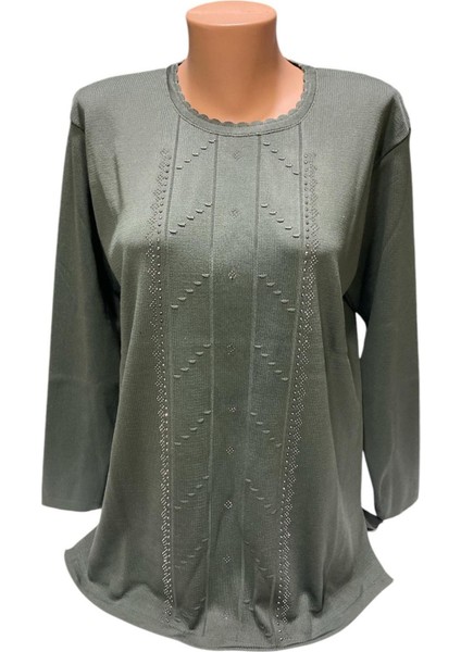 Yuvarlak Yaka Inci Taş Işleme Detaylı Kışlık Anne Kazak