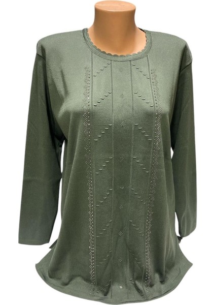 Yuvarlak Yaka Inci Taş Işleme Detaylı Kışlık Anne Kazak fiyatları