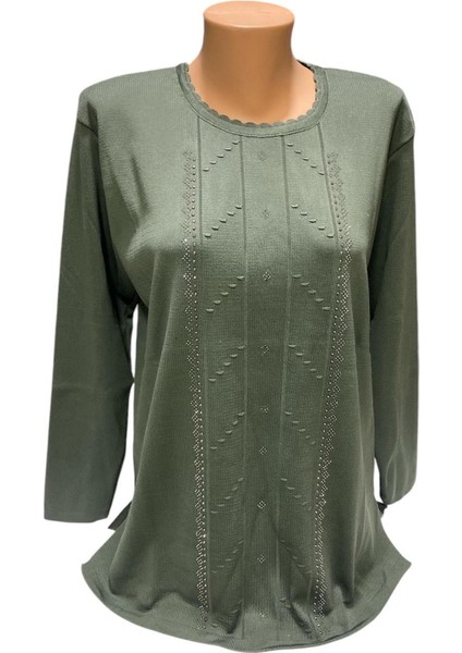 Yuvarlak Yaka Inci Taş Işleme Detaylı Kışlık Anne Kazak modelleri