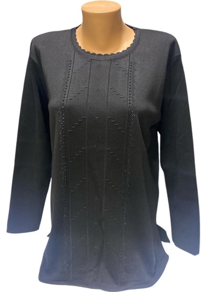 Yuvarlak Yaka Inci Taş Işleme Detaylı Kışlık Anne Kazak