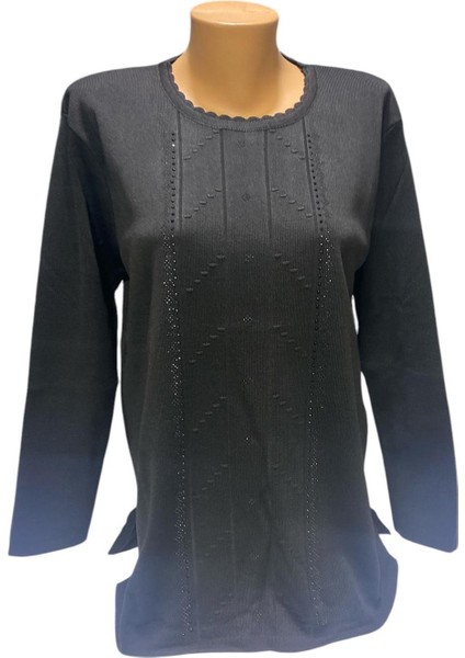 Yuvarlak Yaka Inci Taş Işleme Detaylı Kışlık Anne Kazak modelleri