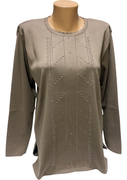 Yuvarlak Yaka Inci Taş Işleme Detaylı Kışlık Anne Kazak