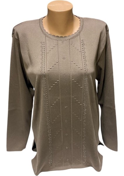 Yuvarlak Yaka Inci Taş Işleme Detaylı Kışlık Anne Kazak modelleri