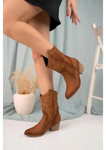 Nadal Taba Süet İşlemeli Topuklu Kadın Kovboy Çizme fiyatları