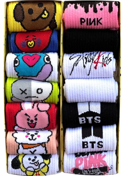 14'lu Kutulu Seri Black Ping,bts,exo,stray Kids Neşeli Kolej Tenis Çorap