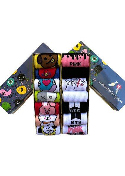 14'lu Kutulu Seri Black Ping,bts,exo,stray Kids Neşeli Kolej Tenis Çorap