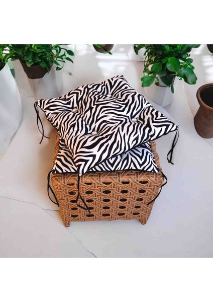 Sandalye Minderi Bagcıklı Düğme Detaylı 40×40 Zebra Desenli Minder