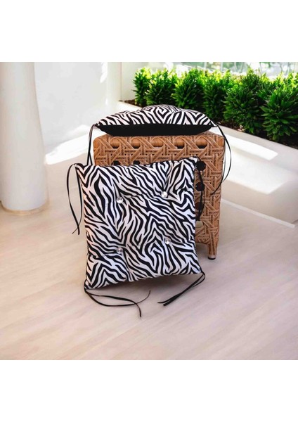 Sandalye Minderi Bagcıklı Düğme Detaylı 40×40 Zebra Desenli Minder