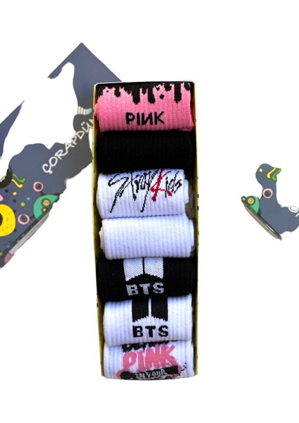 7'li Kutulu Seri Black Ping,bts,exo,stray Kids Neşeli Kolej Tenis Çorap