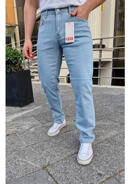 Erkek Slim Fit Buz Mavi Esnek Likralı Kot Pantolon