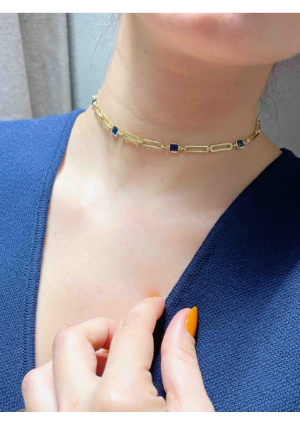 925 Ayar Gümüş Mavi Taşlı Choker