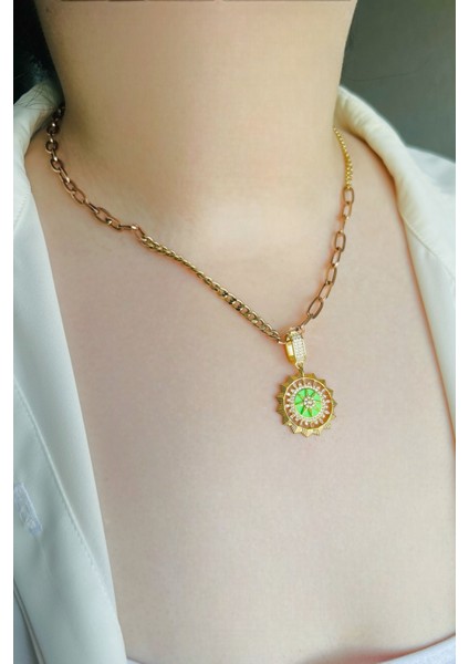 Yeşil Mineli Güneş Gold Klipsli Kolye Ucu & Ajda Bilezik Charm | 925 Ayar Gümüş