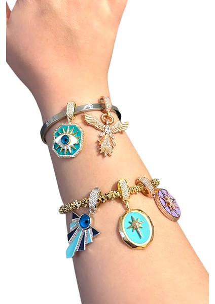 Yeşil Antik Güneş Rose Klipsli Kolye Ucu & Ajda Bilezik Charm | 925 Ayar Gümüş modelleri