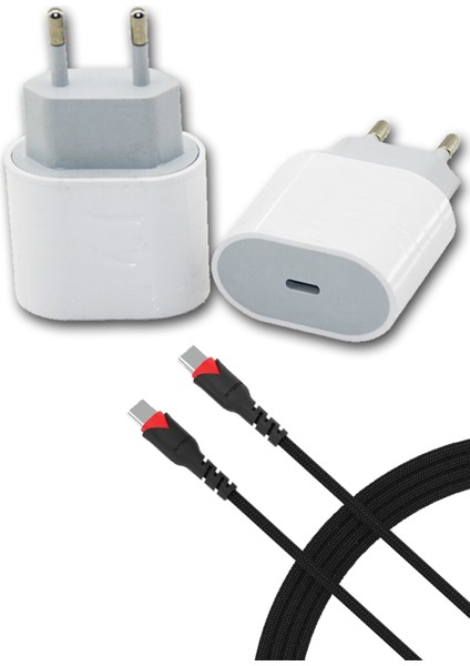 iPhone 15 / 16 Uyumlu Type-C 25W Yedek Şarj Cihazı Aleti ve 30W 3A Örgülü Şarj Kablosu Seti Pro Max